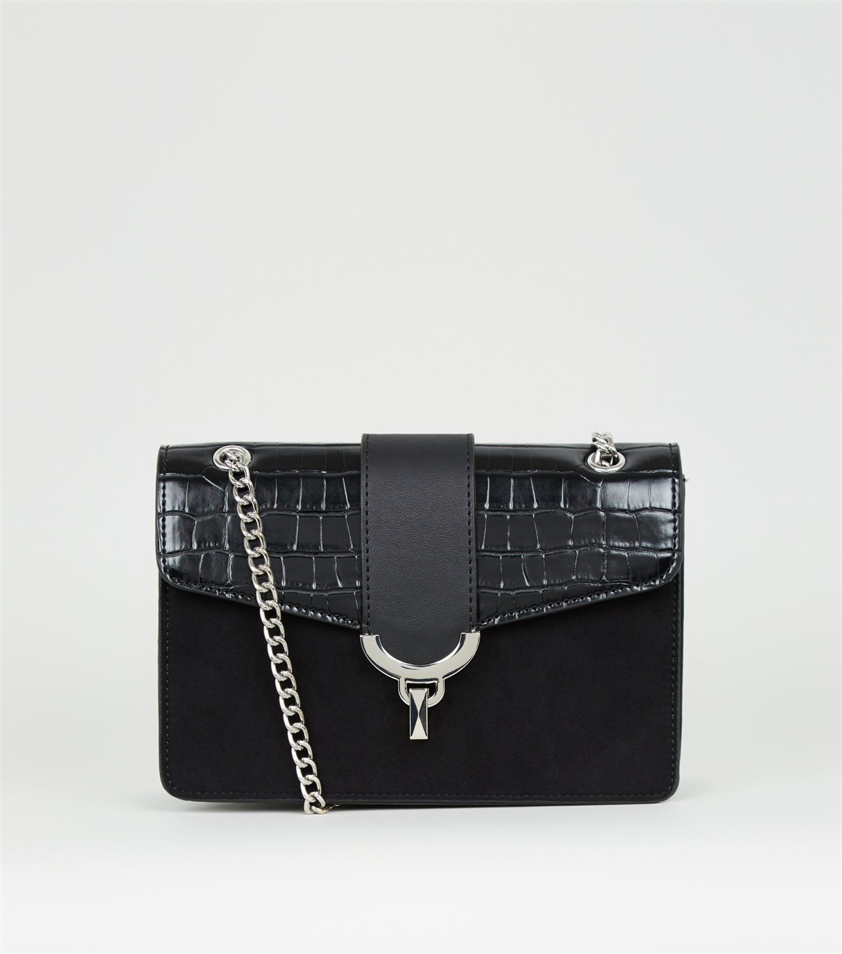 PZB26072 black-faux-croc-panel-chain-shoulder-bag