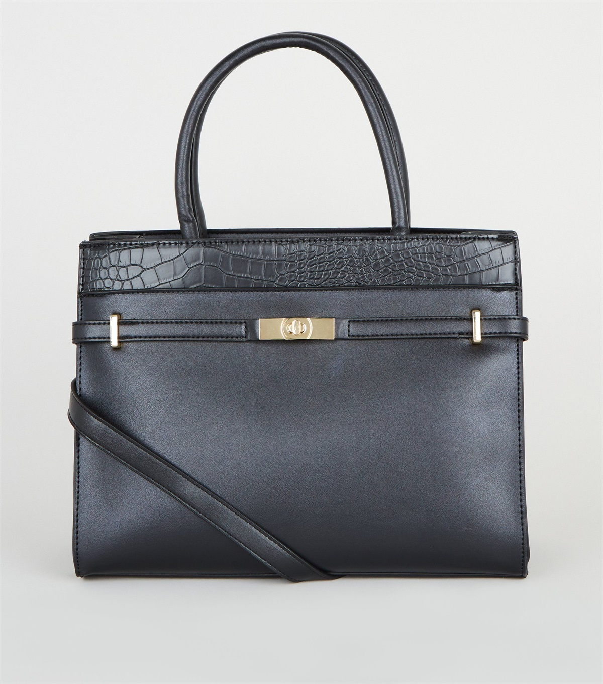 PZB26073 black-faux-croc-panel-strap-trim-tote-bag