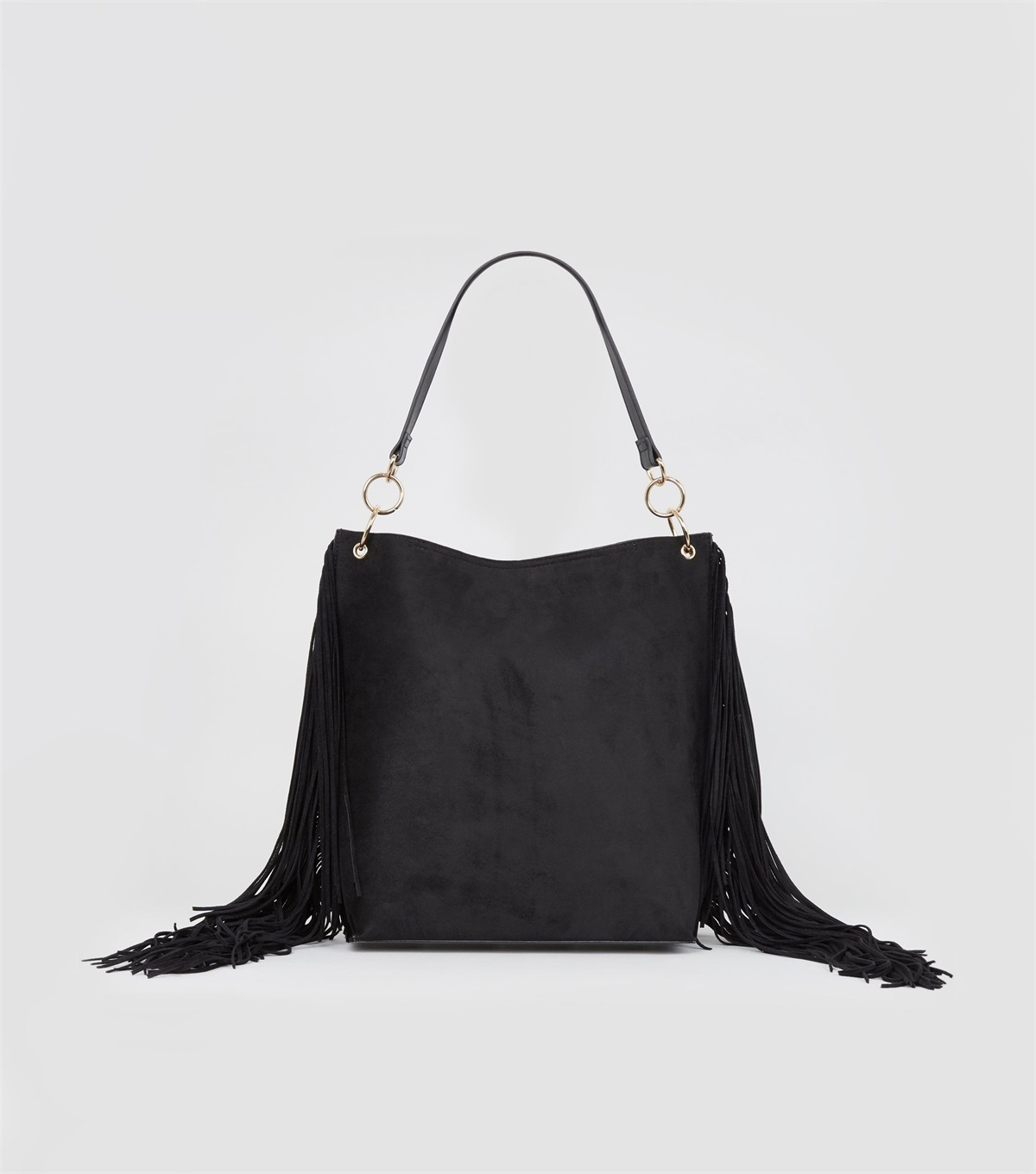 PZB26091 black-fringe-trim-stud-bucket-bag