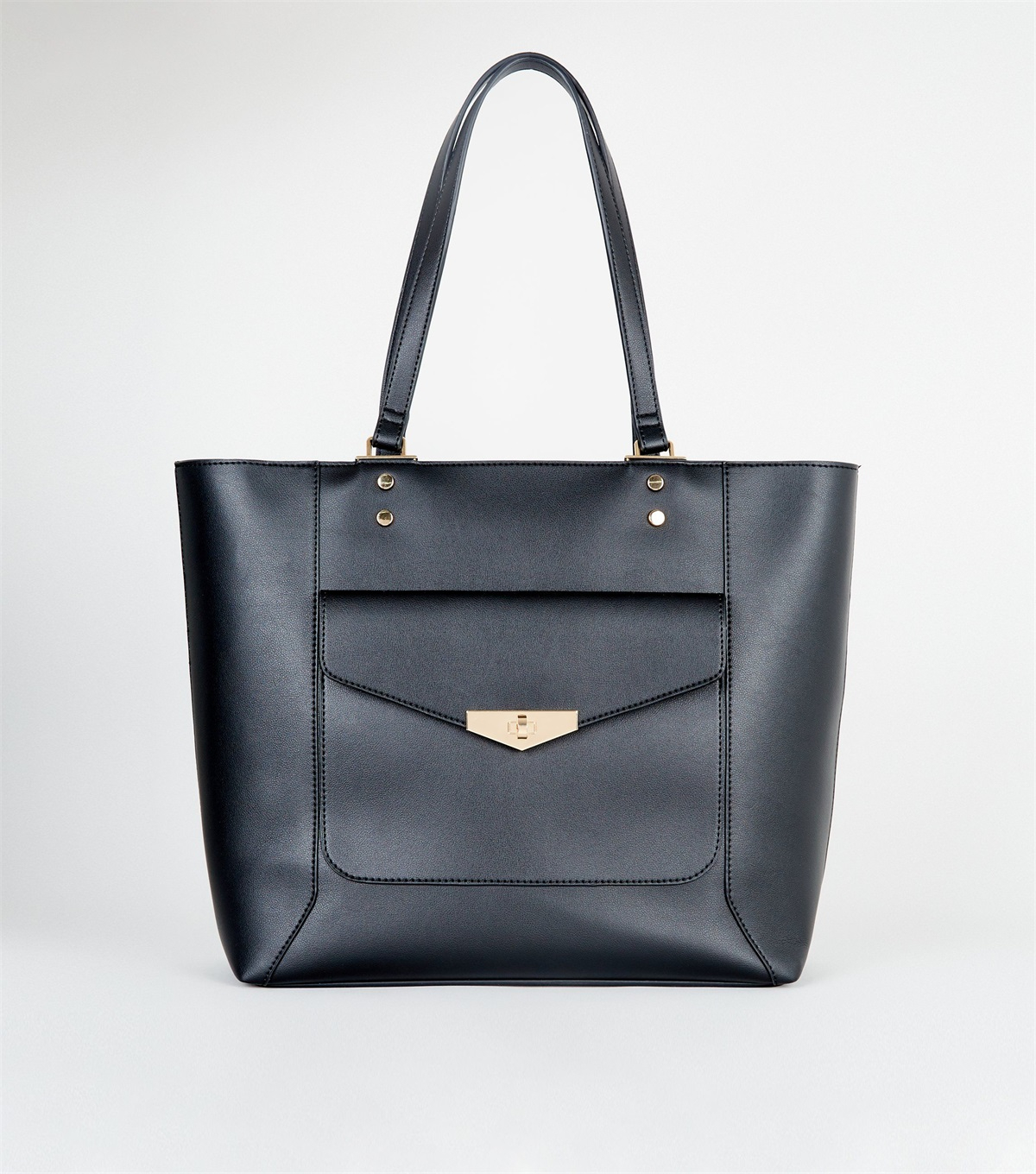 PZB260104 black-leather-look-pocket-front-tote-bag