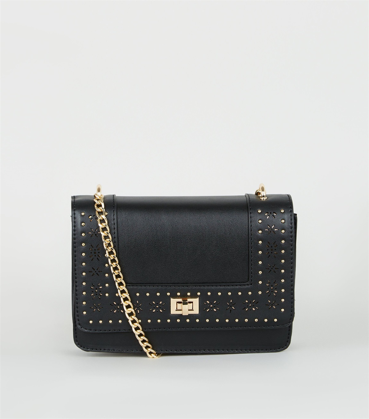 PZB26099 black-leather-look-laser-cut-chain-shoulder-bag