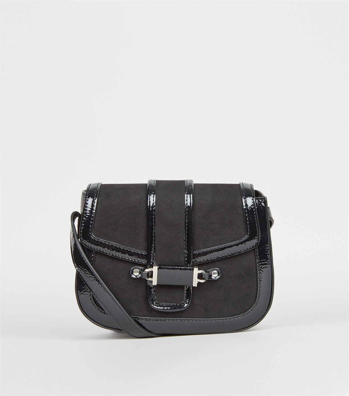PZB260136 black-suedette-and-patent-saddle-bag