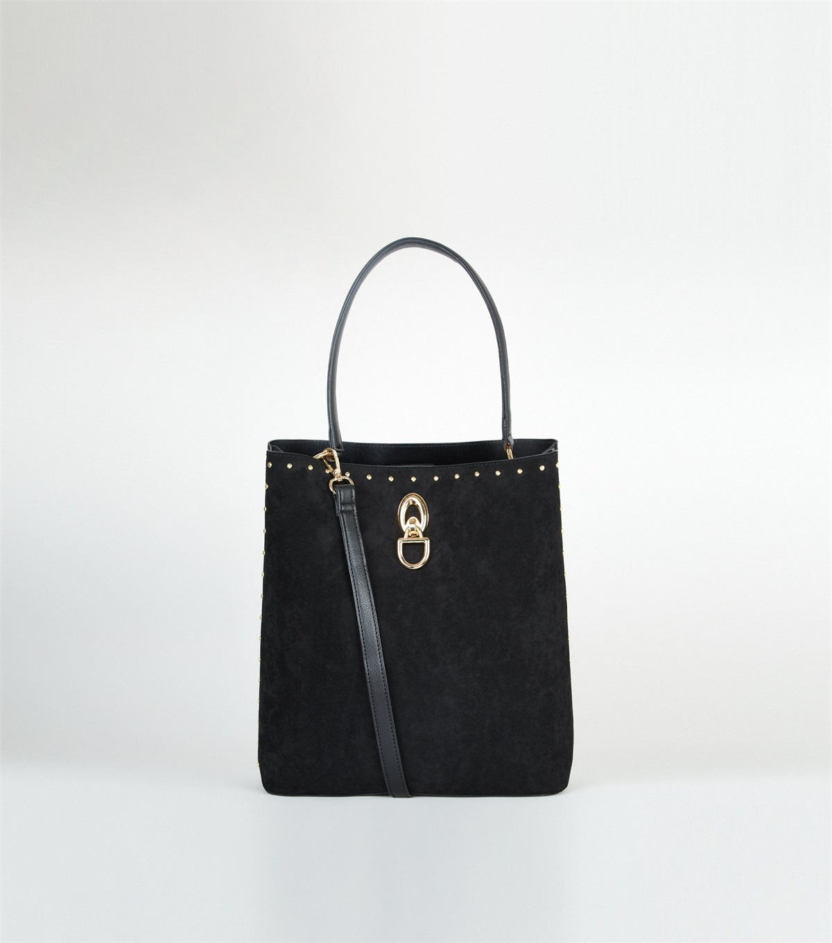 PZB260146  black-suedette-stud-trim-bucket-bag