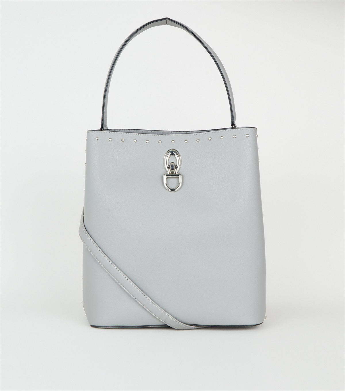 PZB260190 grey-suedette-stud-trim-bucket-bag